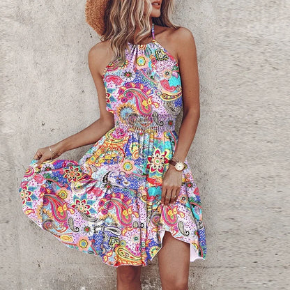 Ibiza Damen Mini Sommerkleid Ärmellos Tailliert Boho-Print