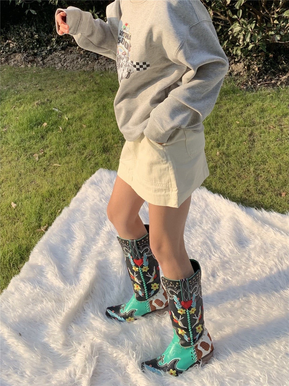 Damen Cowboy-Stiefel Bestickt Bunt Blumen Blockabsatz