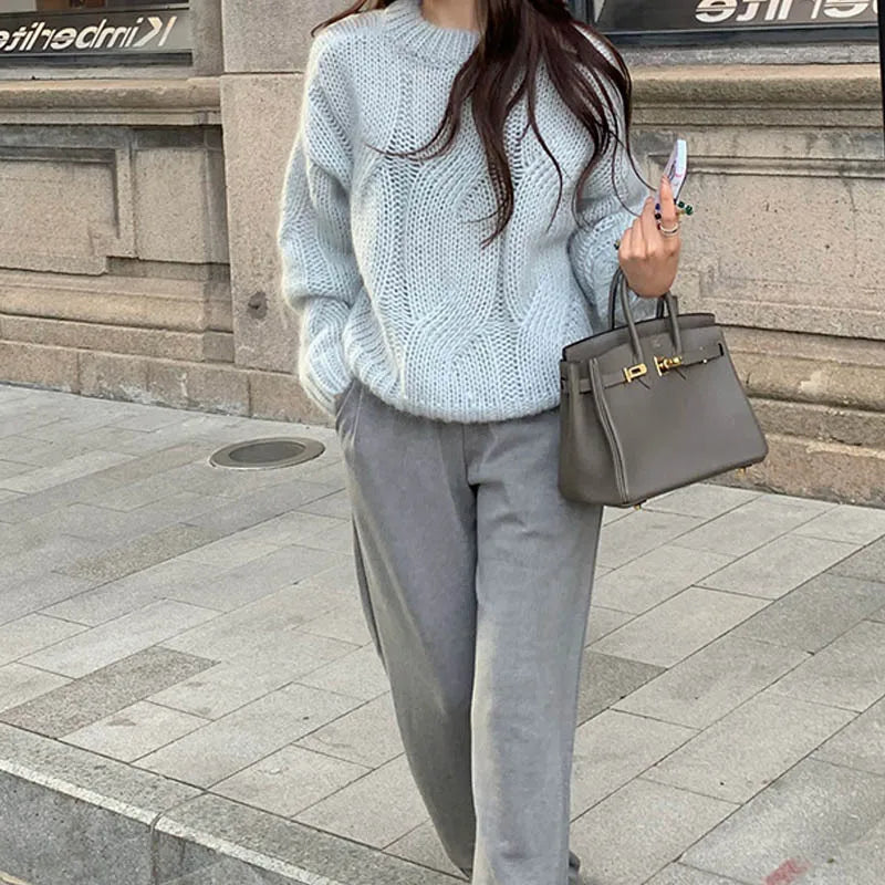 Eveloria Damen Oversized Wollpullover Zopfmuster Langarm Beige