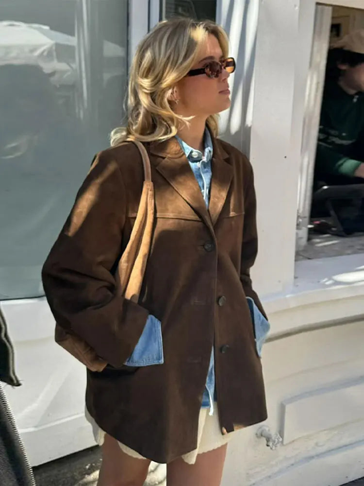Damen Klassische Wildlederjacke Braun