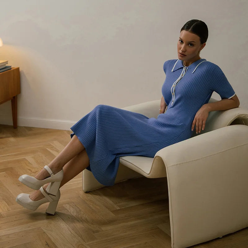 Eveloria Damen Kleid Gerippt Kontrastkragen
