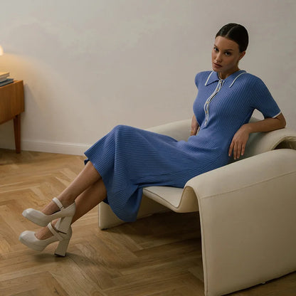 Eveloria Damen Kleid Gerippt Kontrastkragen