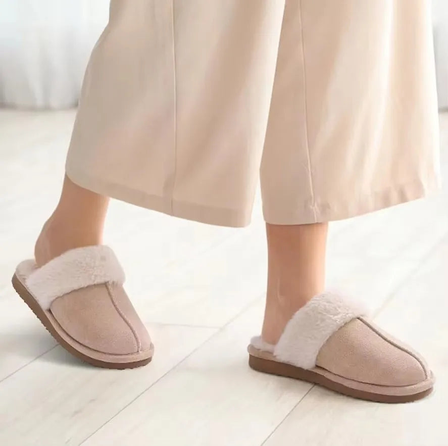 Damen Plüsch Mules Hausschuhe Weiches Futter Beige