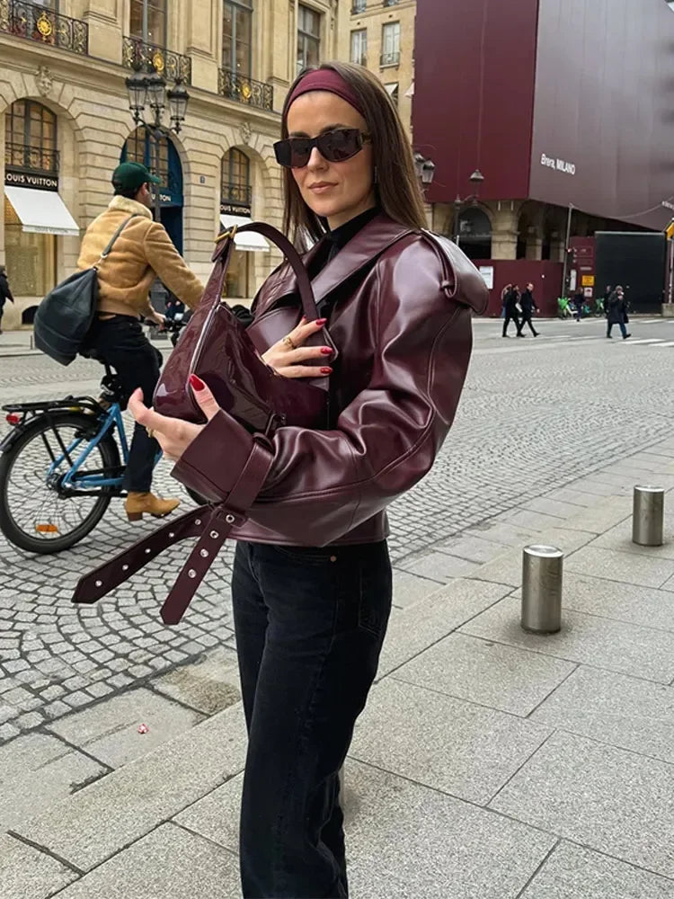 Damen Oversize Lederjacke Burgunder mit Gürtel