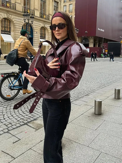 Damen Oversize Lederjacke Burgunder mit Gürtel