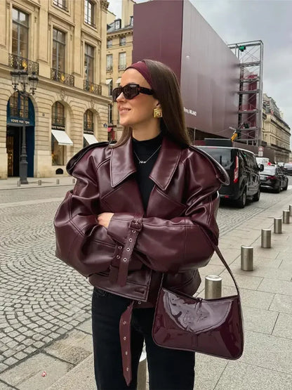 Damen Oversize Lederjacke Burgunder mit Gürtel - Eveloria