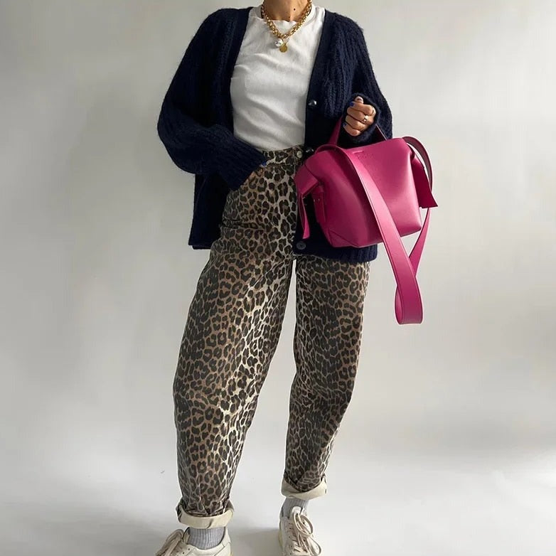 Eveloria Damen Jeans Leopardenmuster