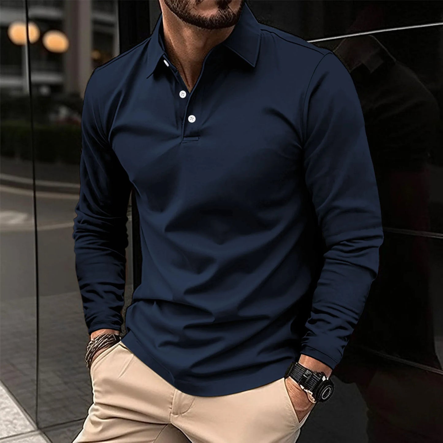 Herren Langarm Polo-Shirt Lässig Baumwolle Weiß