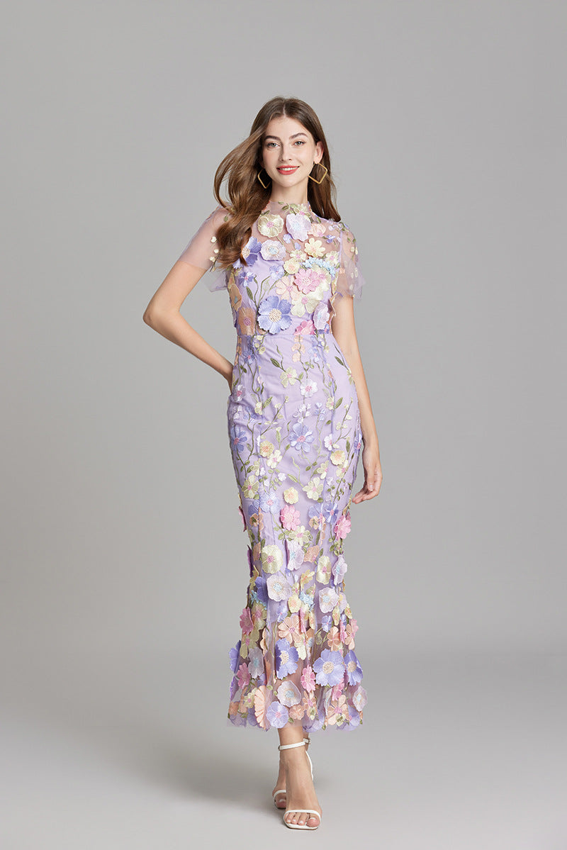 Damen Maxikleid Transparent mit Blumenstickerei