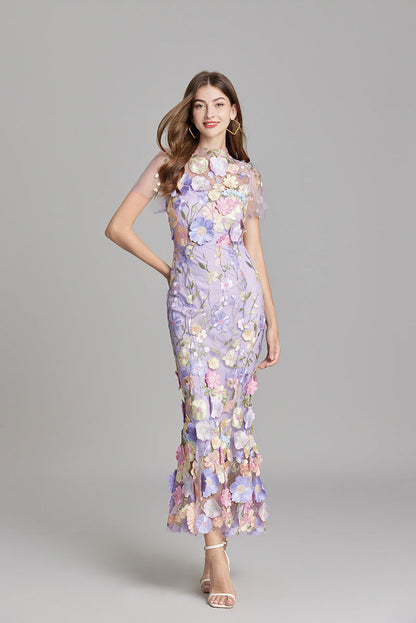 Damen Maxikleid Transparent mit Blumenstickerei