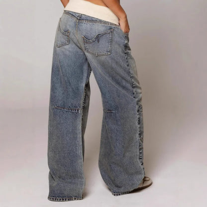 Damen Baggy Jeans Weites Bein Niedriger Bund