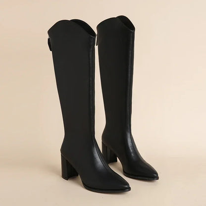 Damen Knee High Stiefel mit Reißverschluss Blockabsatz