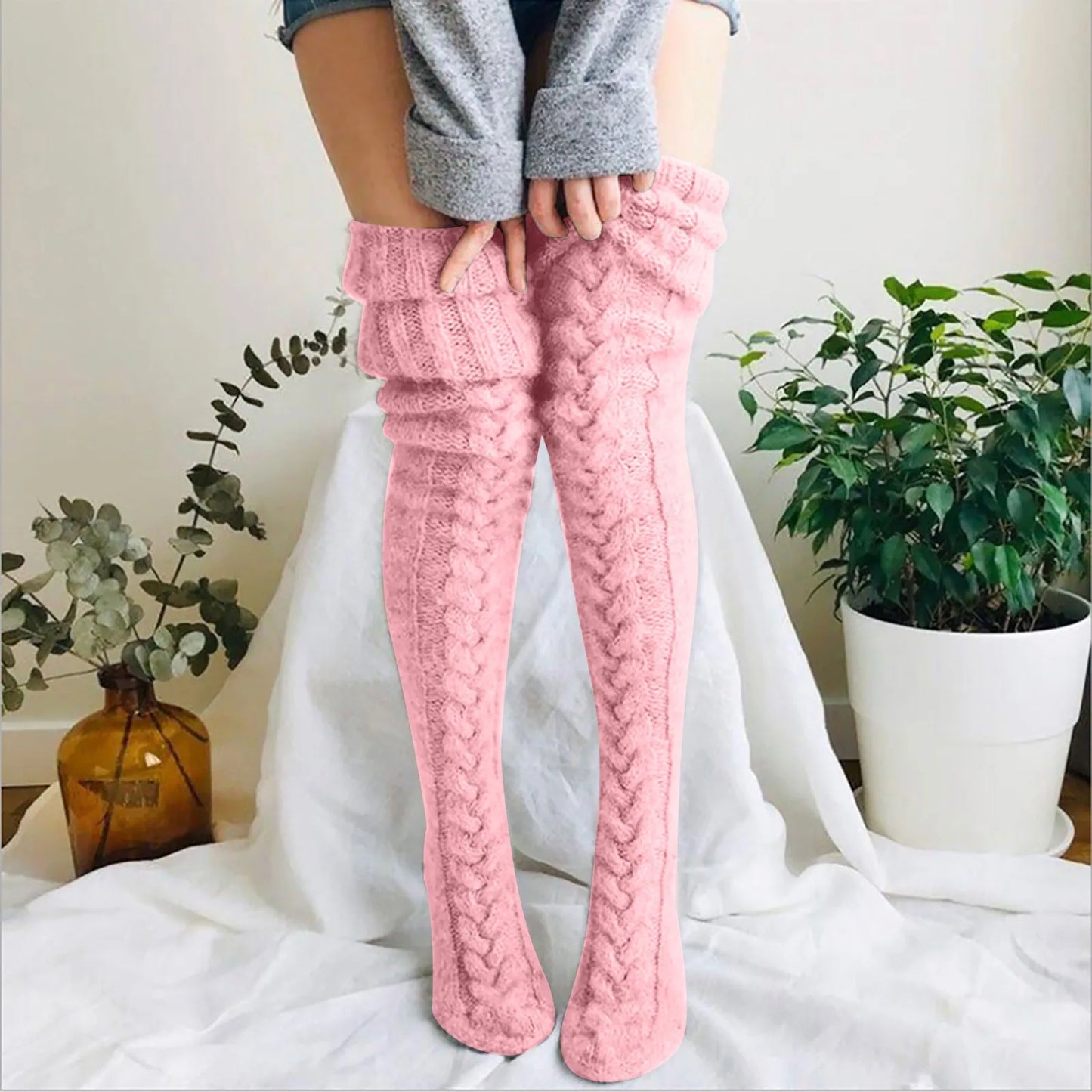 Damen Strick Overknee Socken Warm Weich Zopfmuster