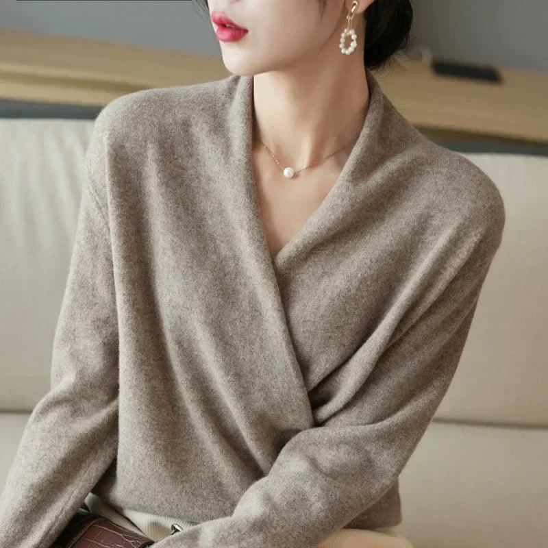 Damen Wickelpullover V-Ausschnitt Wollig Beige