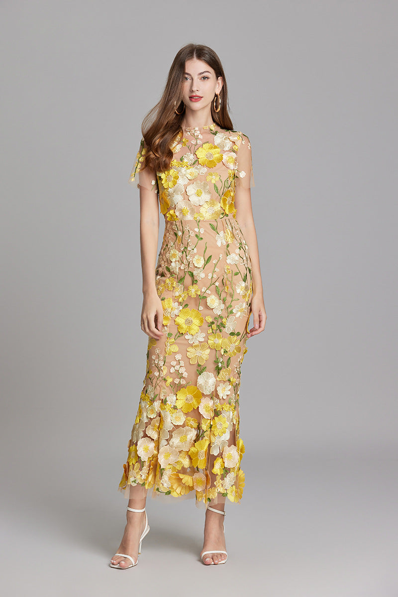 Damen Maxikleid Transparent mit Blumenstickerei