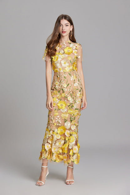 Damen Maxikleid Transparent mit Blumenstickerei