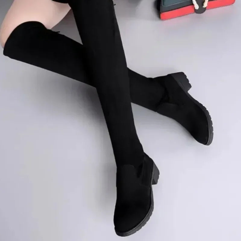 Damen Overknee Stiefel Schnürung Hoher Blockabsatz