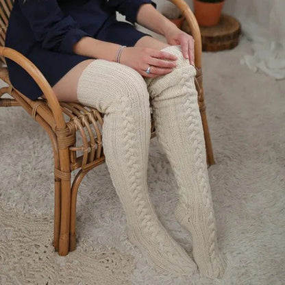 Damen Strick Overknee Socken Warm Weich Zopfmuster Beige