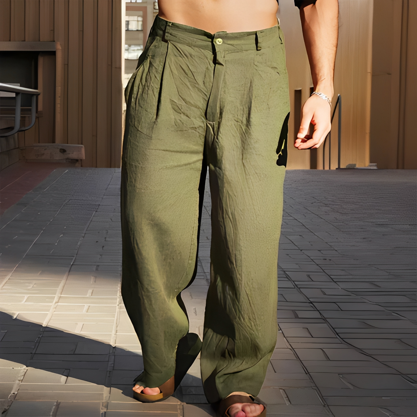 Herren Sommerhose Locker Geschnittene Baumwollhose Beige