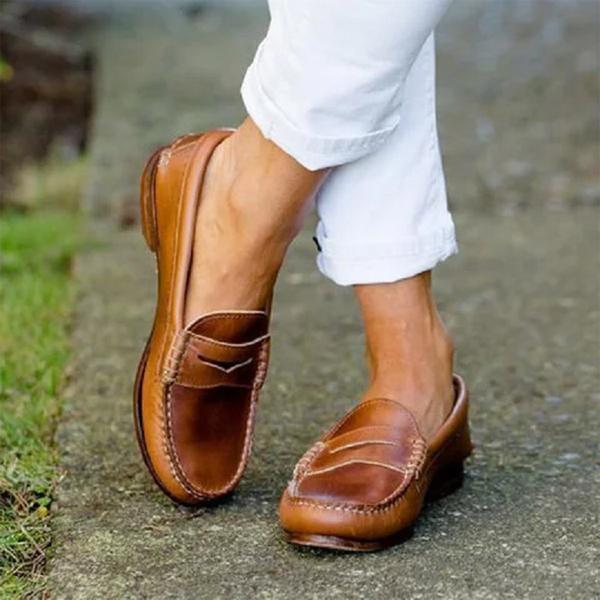 Damen Flache Loafers Reinschlüpfen Leder Schwarz - Eveloria