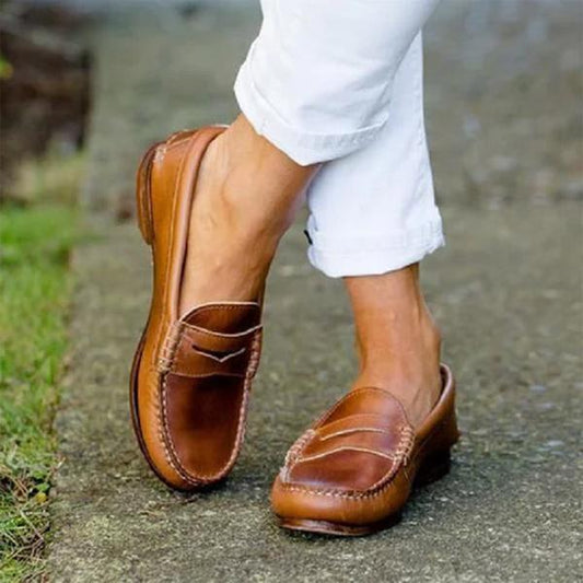 Damen Flache Loafers Reinschlüpfen Leder Schwarz - Eveloria