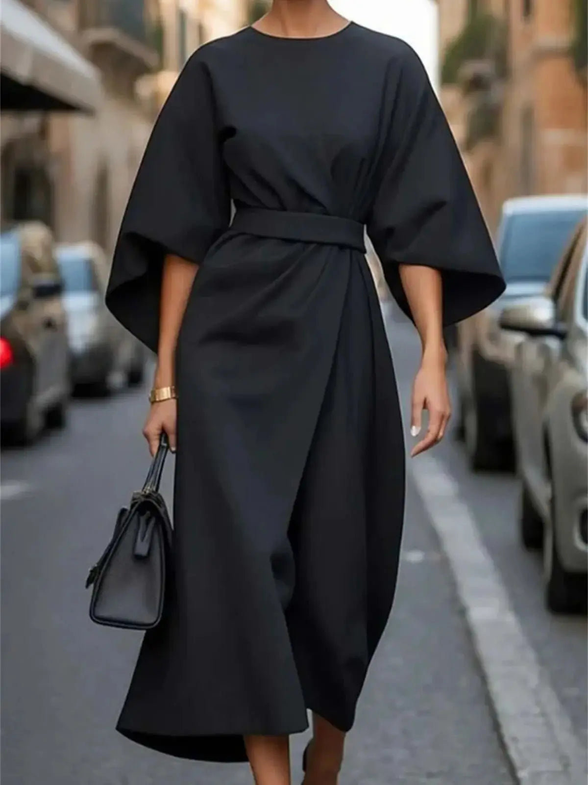 Damen Midikleid Laternenärmel Formal Schwarz - Eveloria