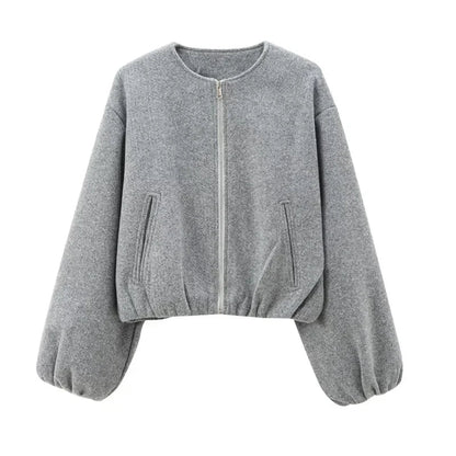 Damen Cropped Bomberjacke Kurz Reißverschluss Langarm Uni-Design