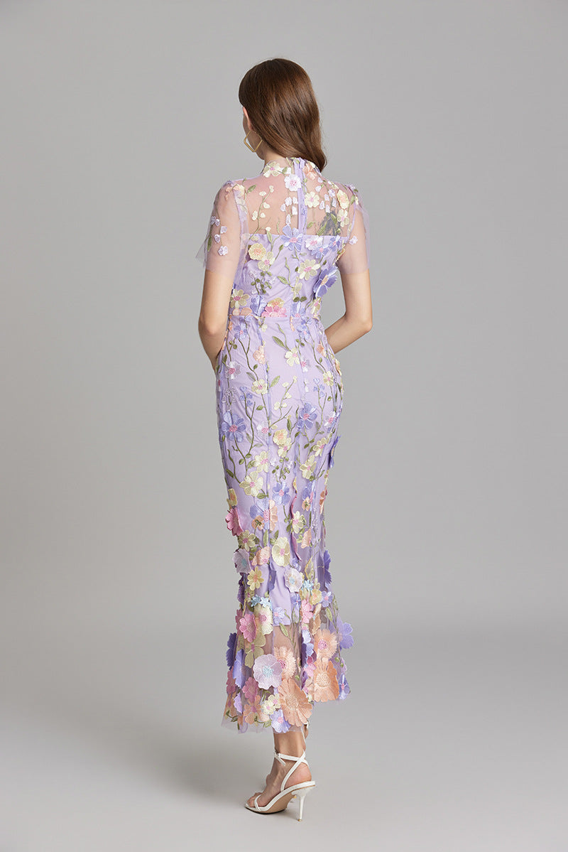 Damen Maxikleid Transparent mit Blumenstickerei