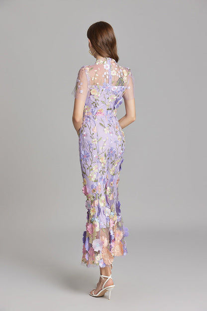 Damen Maxikleid Transparent mit Blumenstickerei