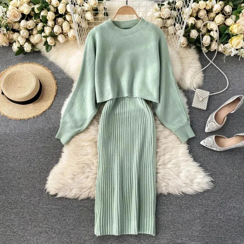 Damen Strickkleid Pullover Set