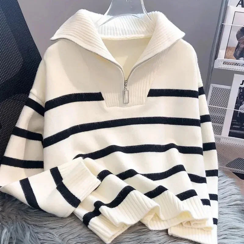 Eveloria Damen Pullover Mit Reißverschluss Weiß Gestreift