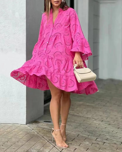 Damen Spitzenkleid Boho-Stil Knopfleiste Weite Ärmel