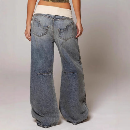 Damen Baggy Jeans Weites Bein Niedriger Bund