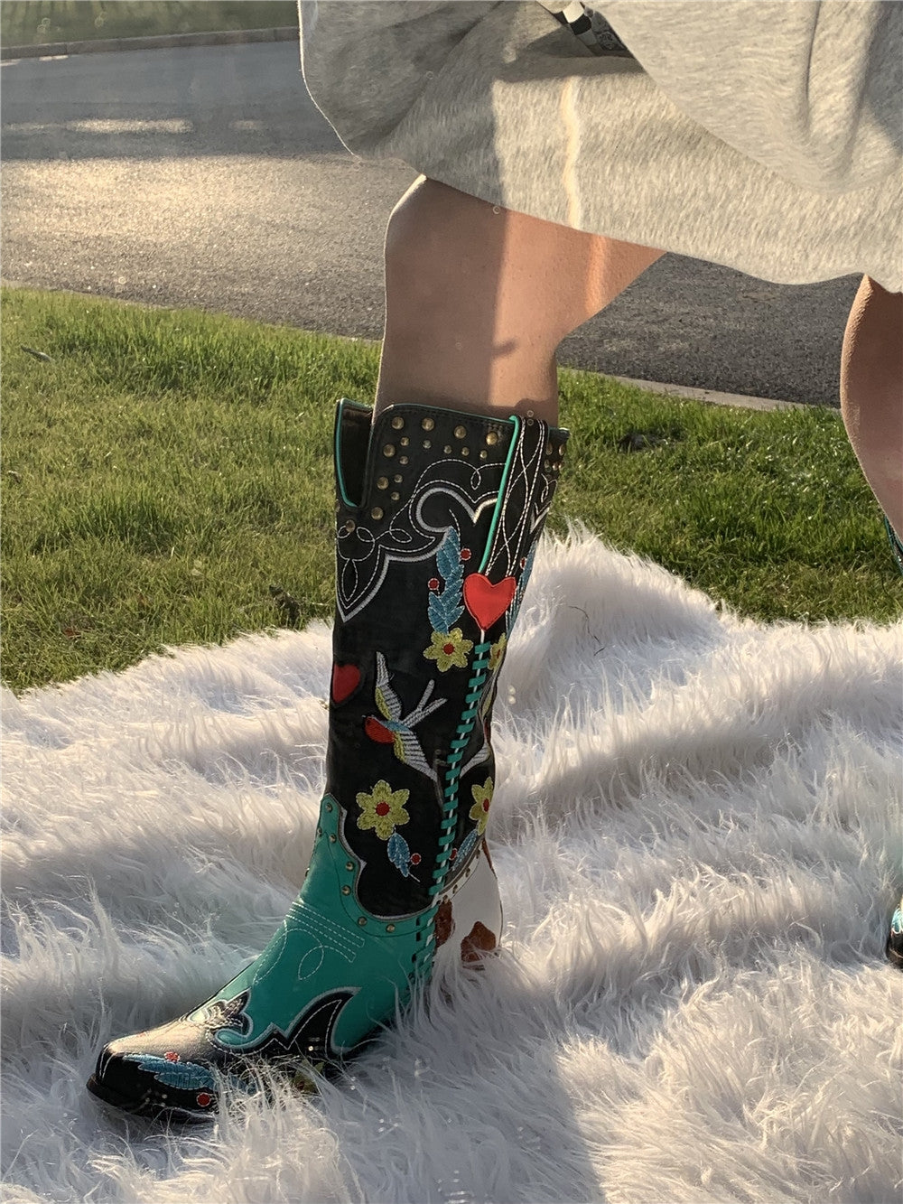 Damen Cowboy-Stiefel Bestickt Bunt Blumen Blockabsatz