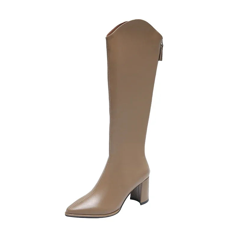 Damen Knee High Stiefel mit Reißverschluss Blockabsatz
