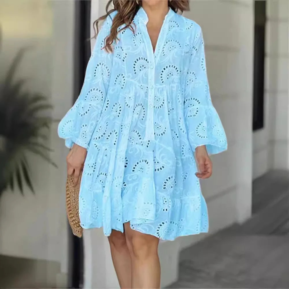 Damen Spitzenkleid Boho-Stil Knopfleiste Weite Ärmel - Eveloria