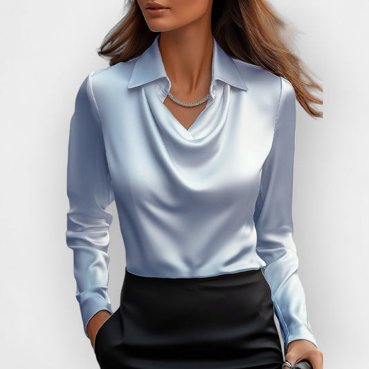 Damen Satinbluse Wasserfallkragen Langarm Eleganz Schwarz - Eveloria