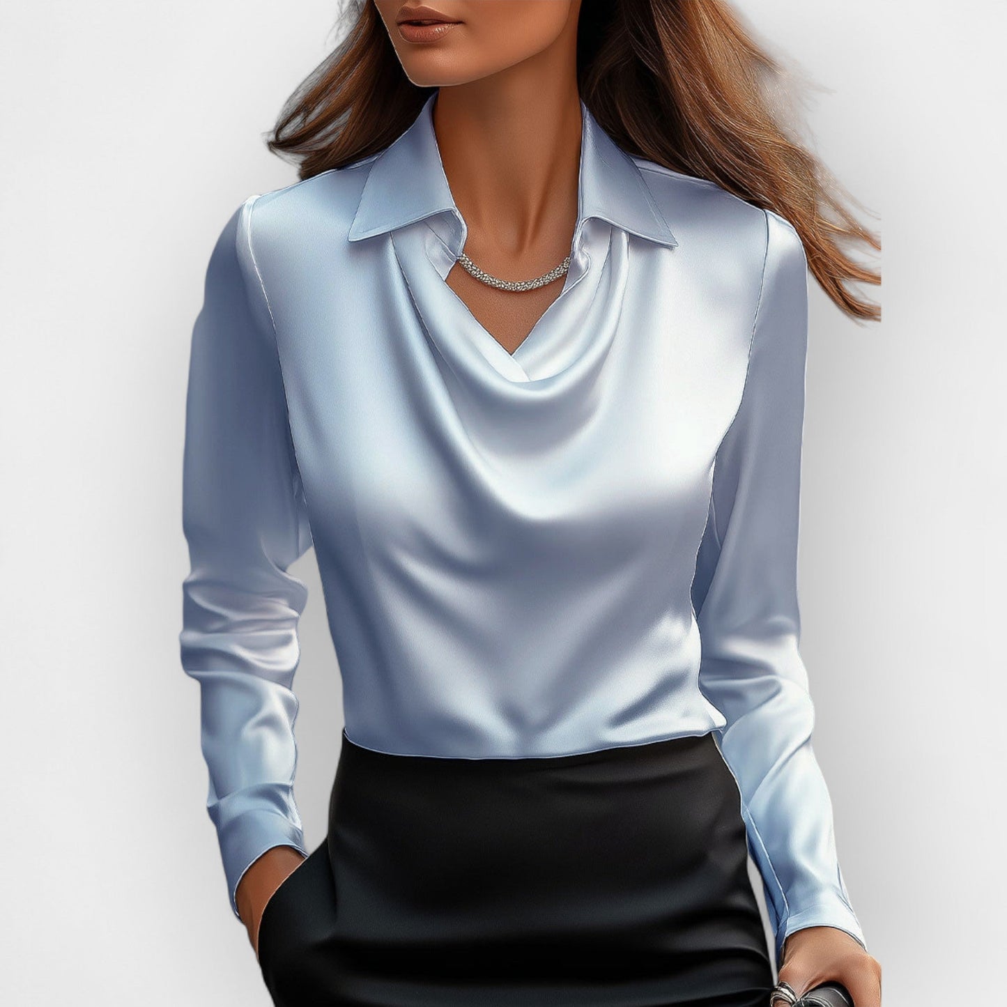 Damen Satinbluse Wasserfallkragen Elegant Beige