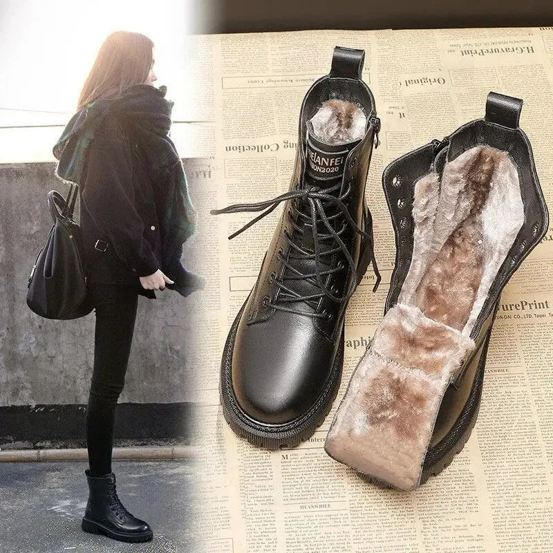 Damen Schnürstiefeletten Leder Warmfutter Rutschfest