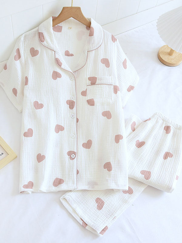 Damen Pyjama-Set Herzmuster Knopfleiste