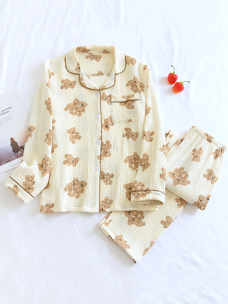 Damen Pyjama-Set mit Knöpfen Teddybär-Motiv - Eveloria