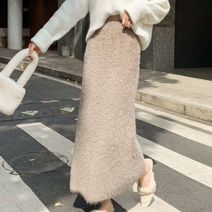 Damen Maxirock Khaki Plüsch Hochtailliert Weich