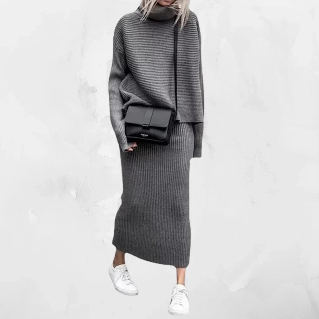 Damen Strickpullover Rollkragen mit Rock-Set