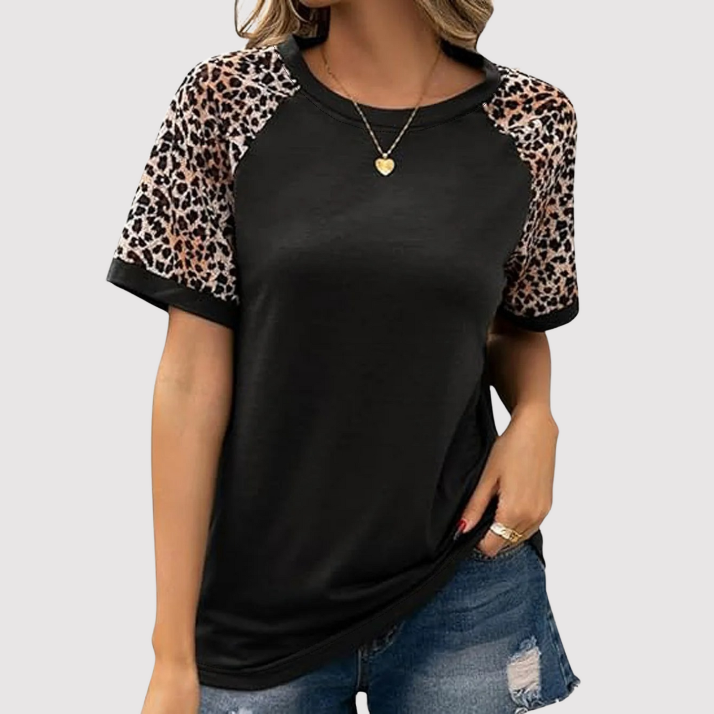 Damen Leoparden-Print T-Shirt Rundhals Baumwolle
