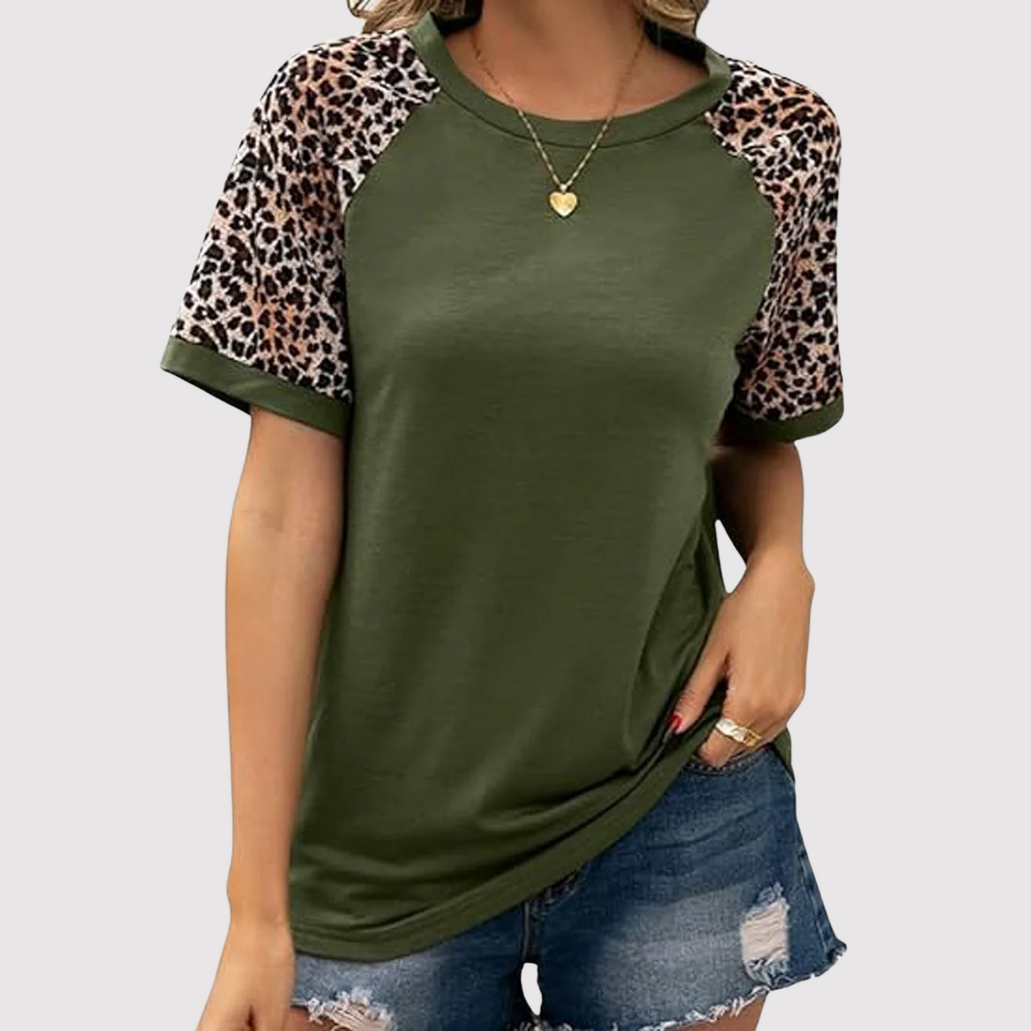 Damen Leoparden-Print T-Shirt Rundhals Baumwolle
