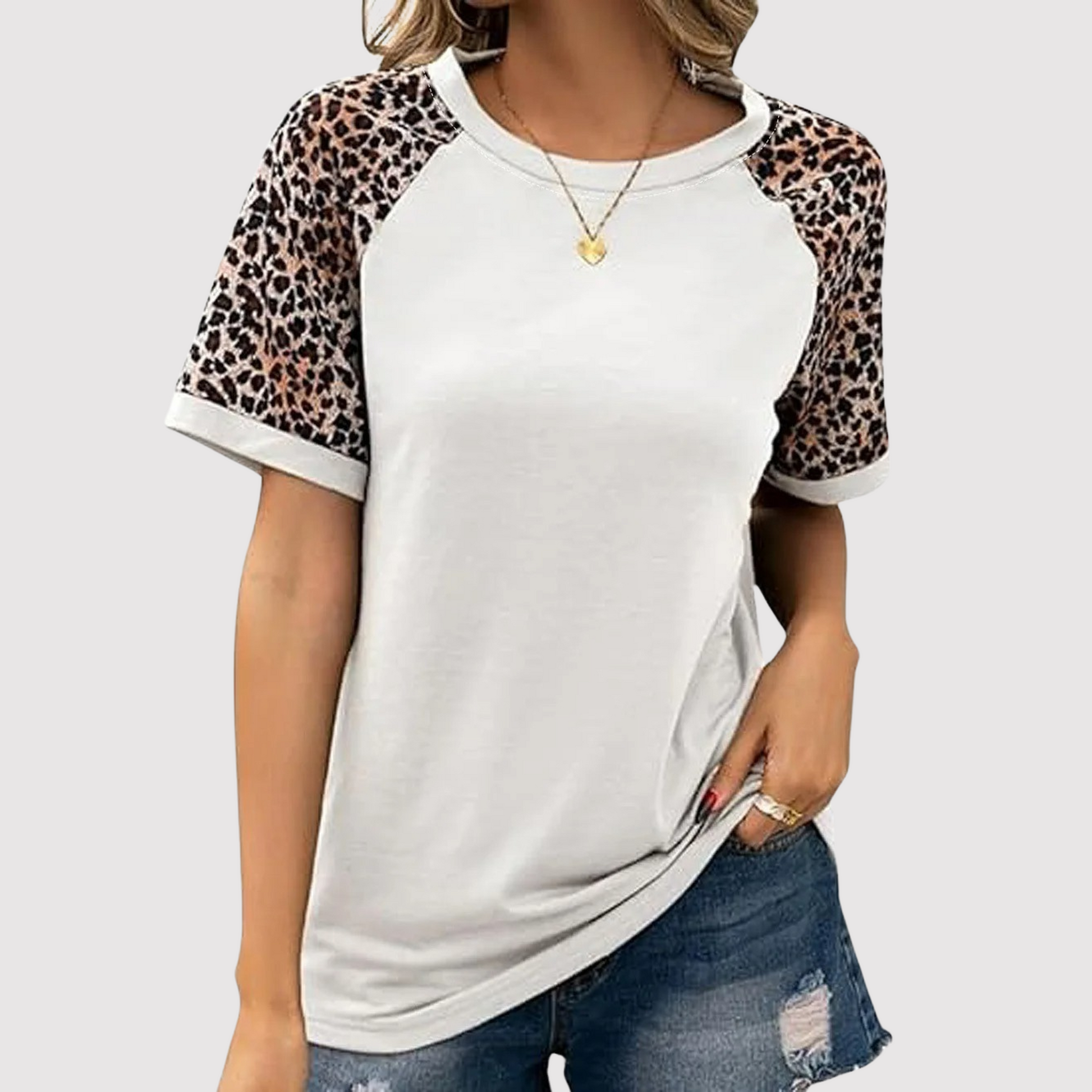 Damen Leoparden-Print T-Shirt Rundhals Baumwolle Schwarz - Eveloria