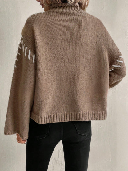 Eveloria Damen Strickpullover Patchwork Rollkragen Bunt - Eveloria