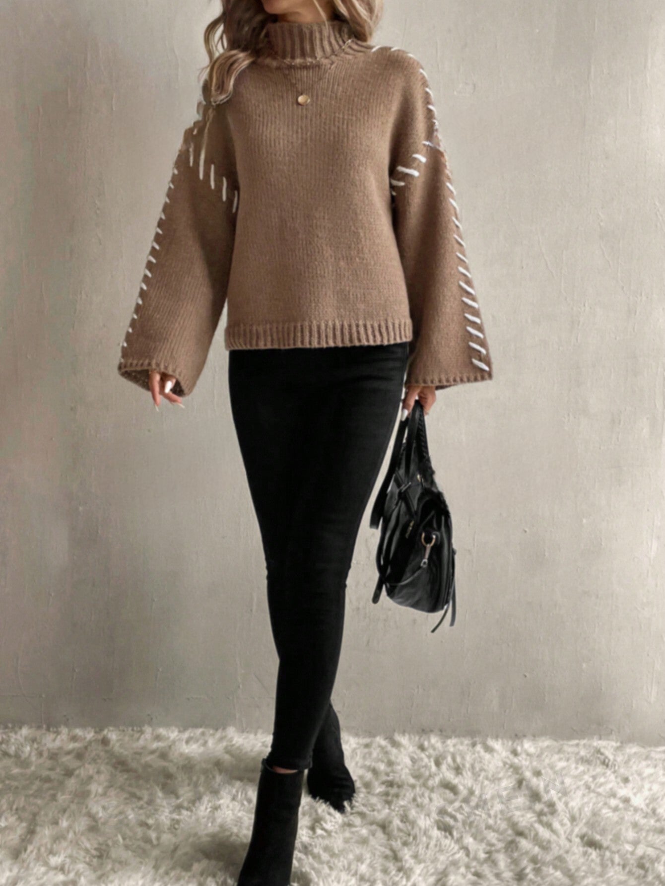 Eveloria Damen Strickpullover Patchwork Rollkragen Bunt