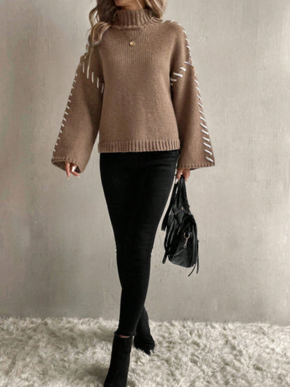 Eveloria Damen Strickpullover Patchwork Rollkragen Bunt