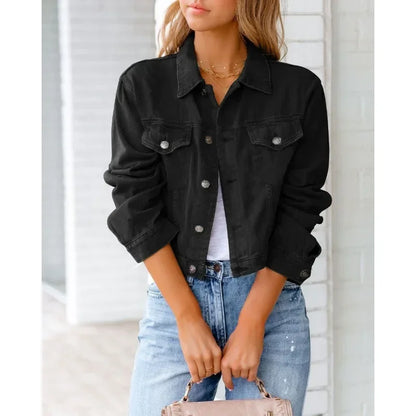 Damen Denim-Jacke Kurz Knopf Ärmel Blau